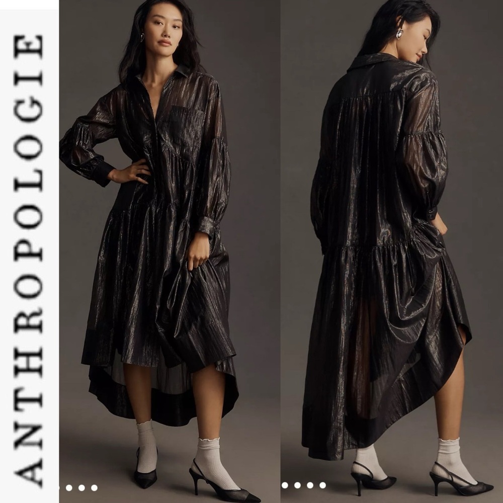 NWT Anthropologie Pilcro Long Sleeve V-Neck Metallic High Low Maxi Dress xs